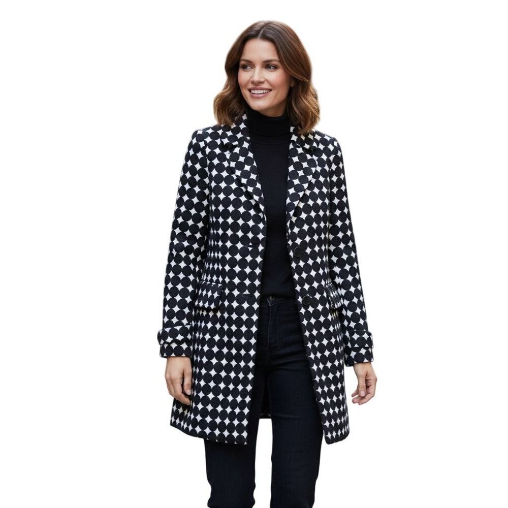 Talbots NWOT Black White Circle Jaquard Peter Pan Collar Coat Size 2p